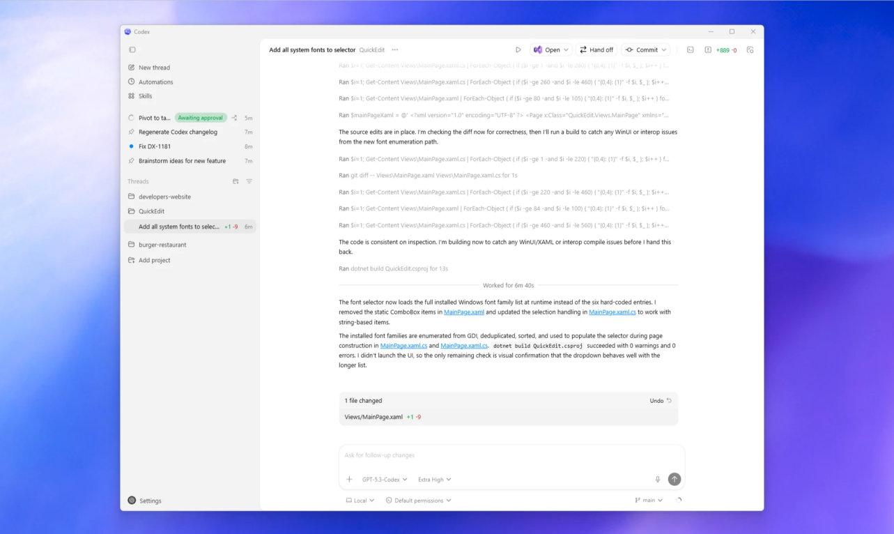 Codex App Windows 界面示意